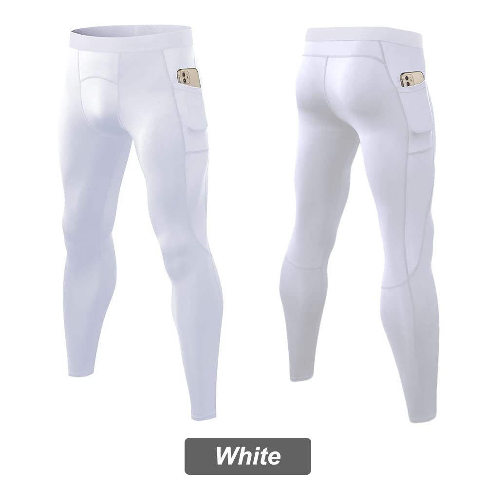 EARGFM Men's Compression Pants Athletic Leggings Workout Running Tights Dry Base Layer with Pockets Active Cycling Pants White