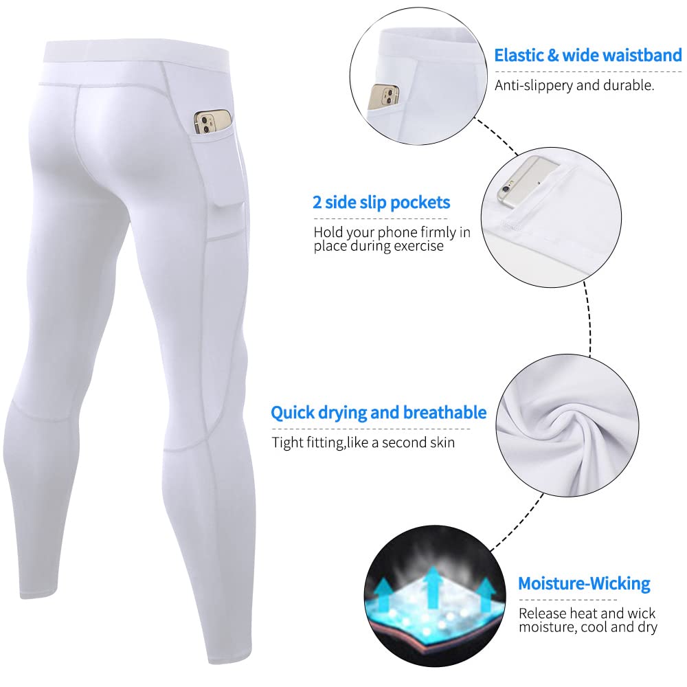 EARGFM Men's Compression Pants Athletic Leggings Workout Running Tights Dry Base Layer with Pockets Active Cycling Pants White