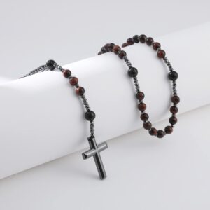 Yumikoo Red Jesus Crucifix Rosary Beads Necklace for Men Women Hematite and Matte Black Agate Cross Necklace