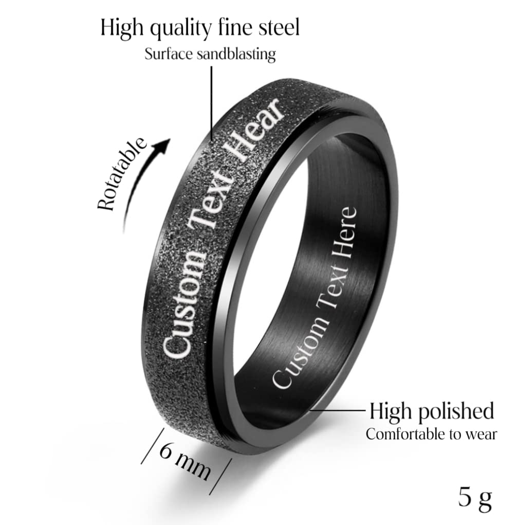 EBAT Personalized Anxiety Ring for Women Men Daughter Kids, Spinning Jewelry Gift for Couple, Custom Fidget Spinner Rings, Stainless Steel Ring Engraved Customized Name, 6MM/8MM, Size 4-12, Comfort Fit