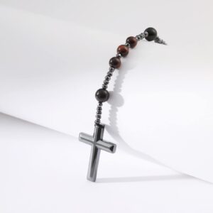 Yumikoo Red Jesus Crucifix Rosary Beads Necklace for Men Women Hematite and Matte Black Agate Cross Necklace