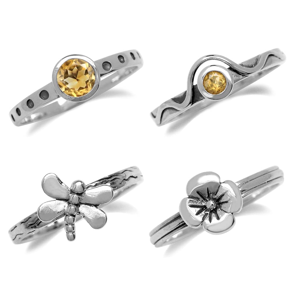 Silvershake Set of 4 Genuine Yellow Citrine 925 Sterling Silver Dragonfly and Flower Stackable Gemstone Ring size 10 Jewelry for Women or Teens