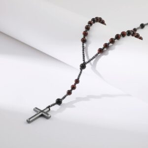 Yumikoo Red Jesus Crucifix Rosary Beads Necklace for Men Women Hematite and Matte Black Agate Cross Necklace