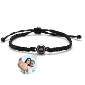 Personalized Men Photo Bracelets Custom Picture Projection Bracelets 100 Languages ​​I Love You Circle Bracelet Customized Birthday Anniversary Memorial Gifts for Her Him Women Adjustable Braided Rope (A-black, Sterling Silver)