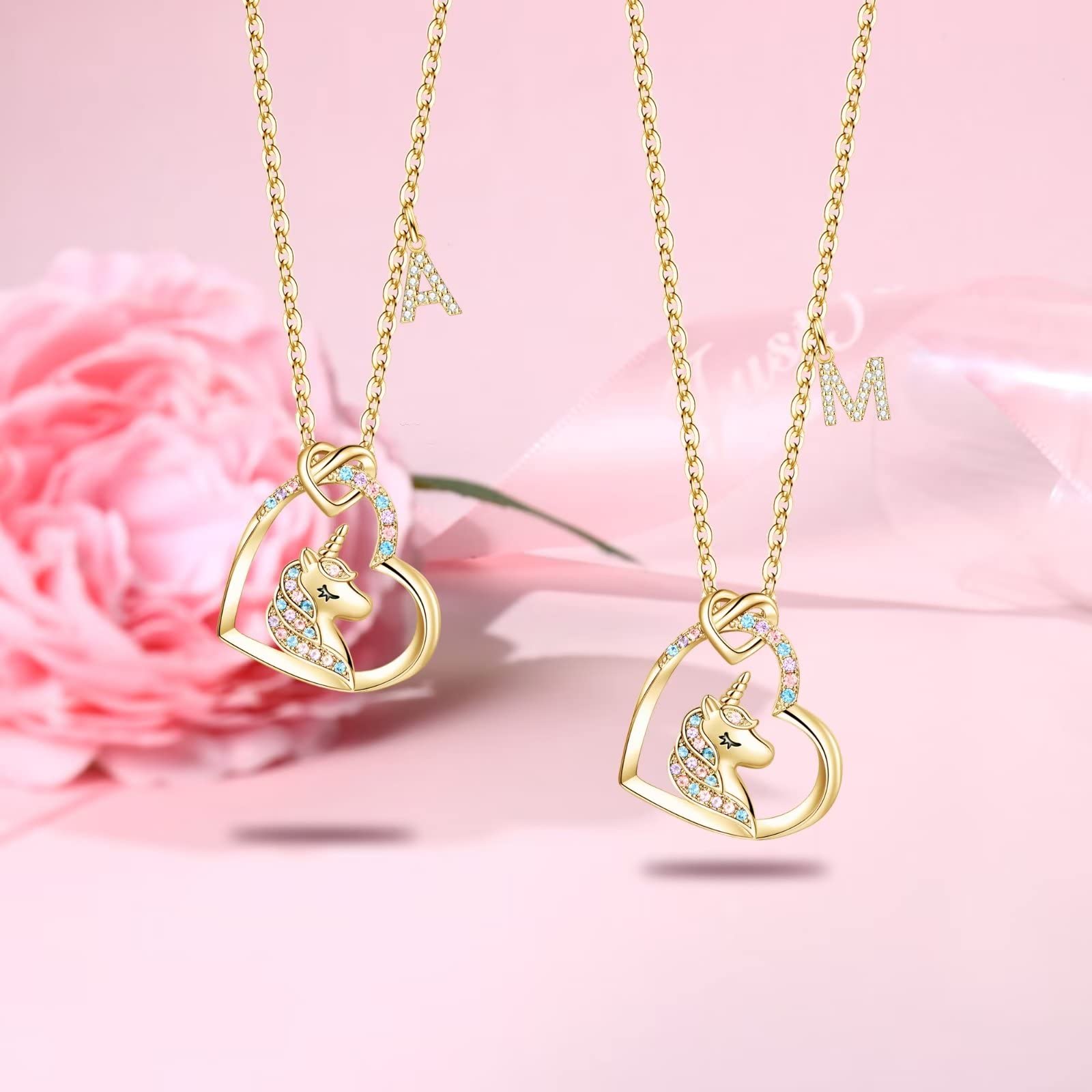 STORUP Gifts for Women Necklace, 14K Gold Plated Heart Unicorn Necklace Women Jewelry Initial Necklace Unicorn Necklaces for Women