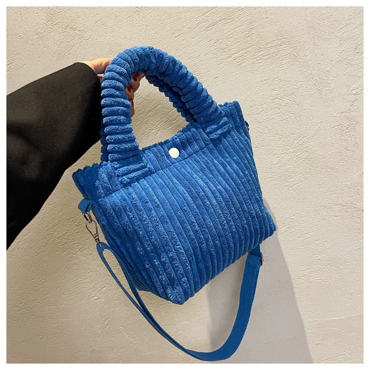 Corduroy Small Tote Bag Y2k Mini Crossbody Bag for Women Fuzzy Bucket Handbag Winter Fashion Hobo Shoulder Bag (Blue,one size)