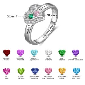 Personalized 2 Birthstones Rings Silver Heart Custom Engraved Name Ring Wedding Family Christmas Mother Days Birthday Anniversary Jewelry (2 stones)