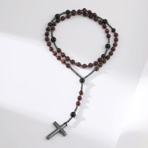 Yumikoo Red Jesus Crucifix Rosary Beads Necklace for Men Women Hematite and Matte Black Agate Cross Necklace