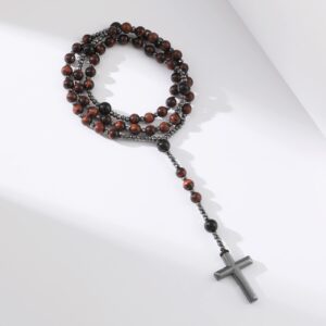 Yumikoo Red Jesus Crucifix Rosary Beads Necklace for Men Women Hematite and Matte Black Agate Cross Necklace