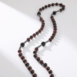 Yumikoo Red Jesus Crucifix Rosary Beads Necklace for Men Women Hematite and Matte Black Agate Cross Necklace