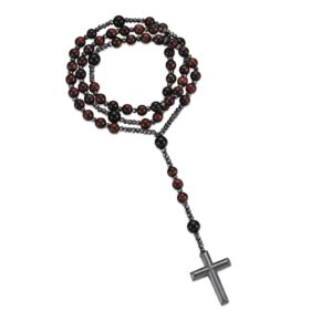 Yumikoo Red Jesus Crucifix Rosary Beads Necklace for Men Women Hematite and Matte Black Agate Cross Necklace