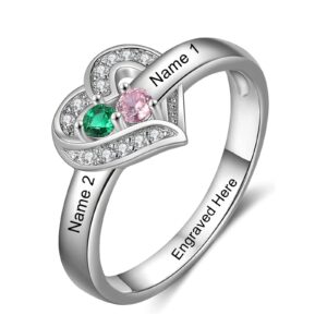 Personalized 2 Birthstones Rings Silver Heart Custom Engraved Name Ring Wedding Family Christmas Mother Days Birthday Anniversary Jewelry (2 stones)