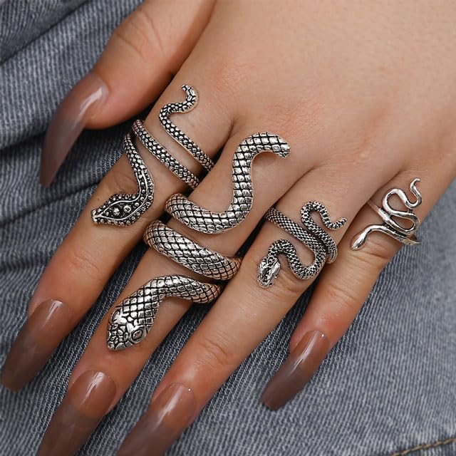 Harry and Henry Snake Ring Set Adjustable Vintage Reptile Serpent Snake Stackable Rings for Women Punk Knuckle Rings Snake Jewelry Halloween Medusa Costume Cosplay Accessories