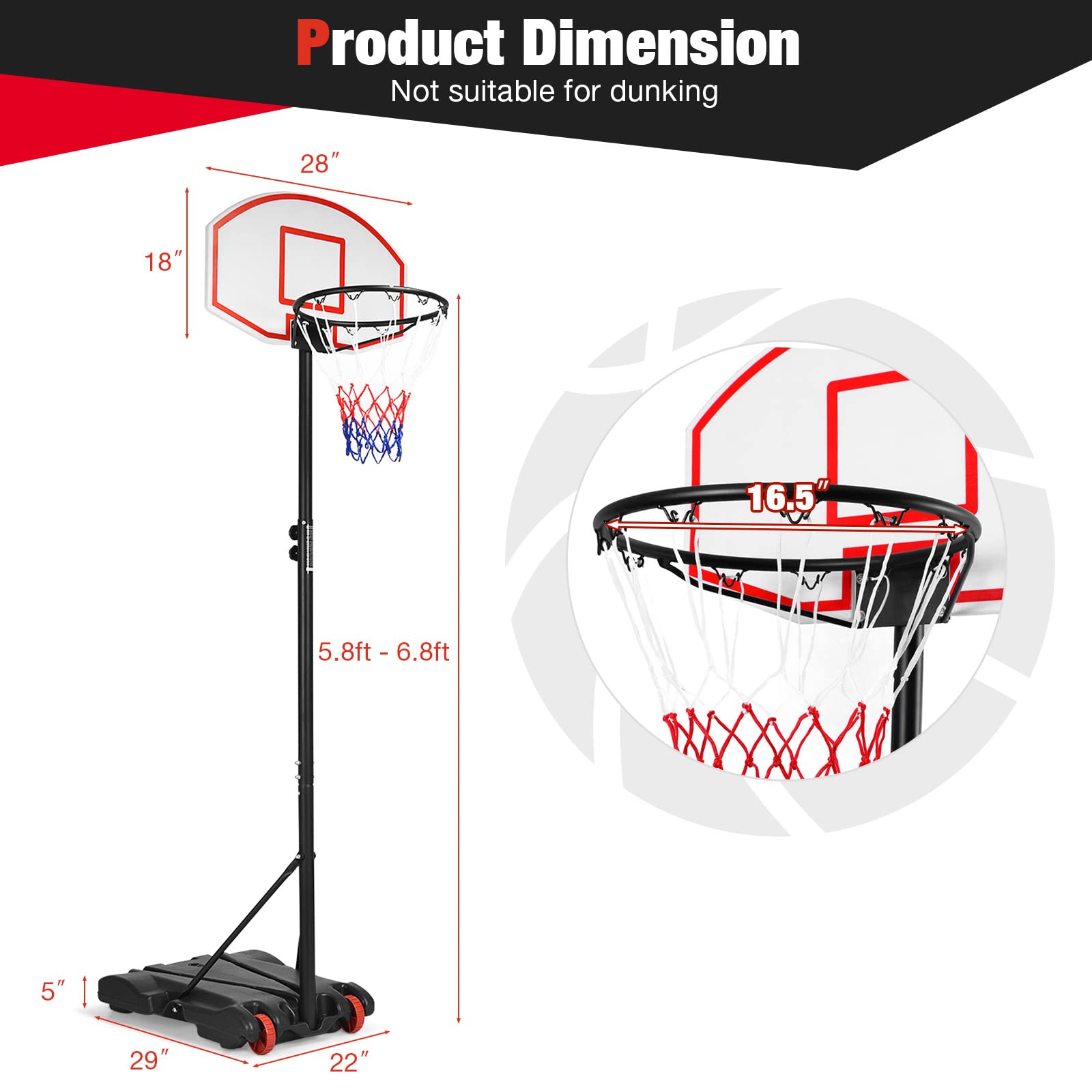 Goplus Portable Basketball Hoop, 7.1FT-8.1FT Height Adjustable Basketball Goal System with 28" Shatterproof Backboard, 2 Nets,16.5" Rim, Wheels, Indoor Outdoor Basketball Stand for Kids Teens Adults