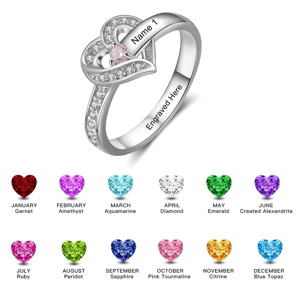 Personalized Birthstone Rings Silver Heart Custom Engraved Name Ring Wedding Family Christmas Mother Days Birthday Anniversary Jewelry for Women Grandma Her Daughter (1 stone)