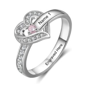 Personalized Birthstone Rings Silver Heart Custom Engraved Name Ring Wedding Family Christmas Mother Days Birthday Anniversary Jewelry for Women Grandma Her Daughter (1 stone)