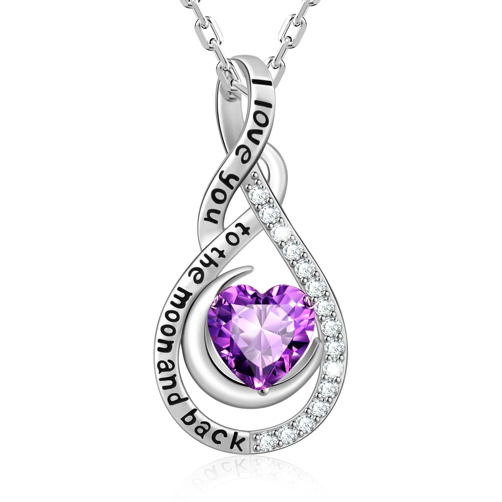 Jowaia Birthstone Necklaces for Women, 925 Sterling Silver Dainty Moon Infinity Pendant Necklace Created Amethyst Necklace Anniversary Birthday Christmas Gifts for Women Wife Mom