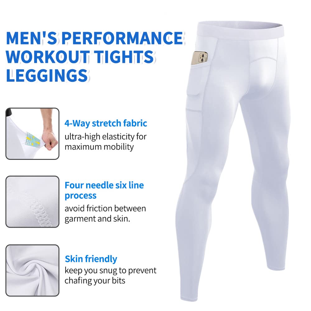 EARGFM Men's Compression Pants Athletic Leggings Workout Running Tights Dry Base Layer with Pockets Active Cycling Pants White