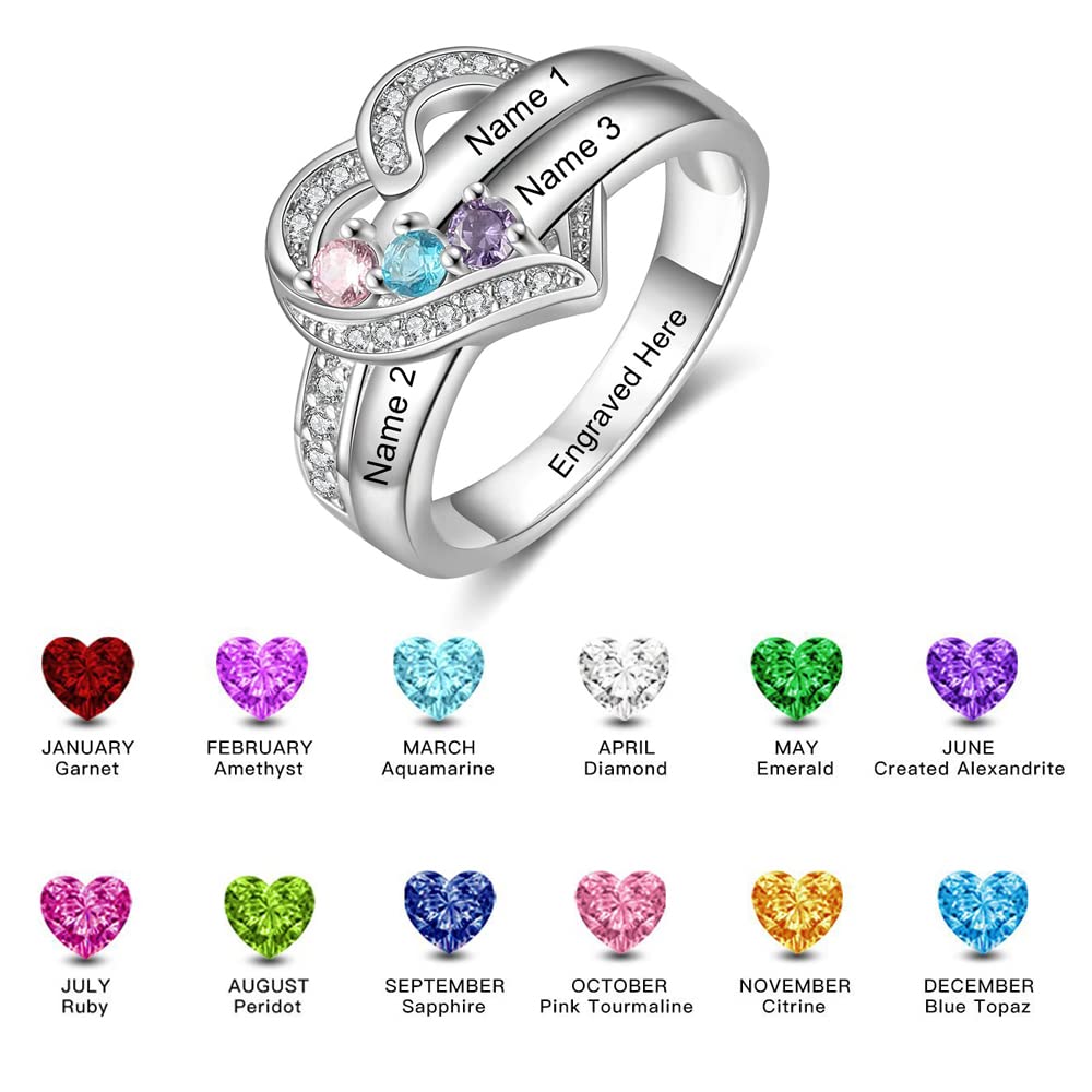 Personalized 1-8 Birthstones Rings Custom Engraved Name Heart Ring Wedding Family Christmas Mother Days Birthday Anniversary Jewelry Gold/Silver/Rosegold