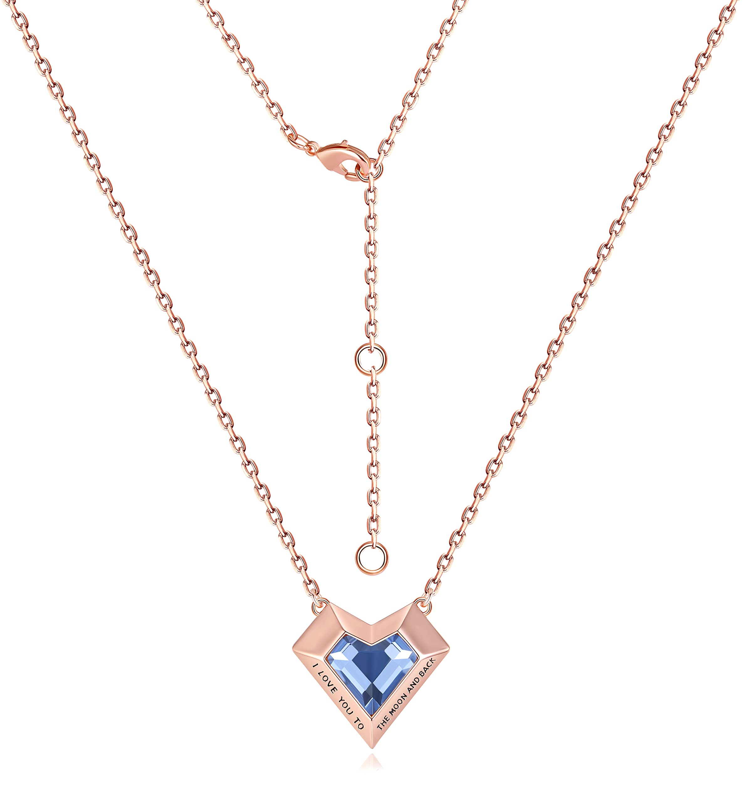 Leafael Ivy Heart Necklaces for Women, 925 Sterling Silver Chain, Aquamarine Blue March Birthstone Crystal Geometric Pendant, Rose Gold Plated, Jewelry Gifts for Her, I Love You to The Moon and Back