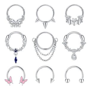 Sanfenly 9Pcs 16G Septum Rings for Women Men Stainless Steel Dangle Septum Jewelry Blue Planet Teardrop CZ Butterfly Bat Spiked Daith Earrings Hoop Nose Rings Cartilage Helix Septum Piercing Jewelry