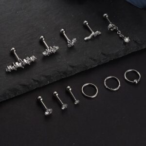 THUNARAZ 20Pcs 16G Cartilage Earring Stainless Steel Earrings for Women Snake Butterfly Screw Back Earrings Helix Conch Piercing Jewelry Silver Tone