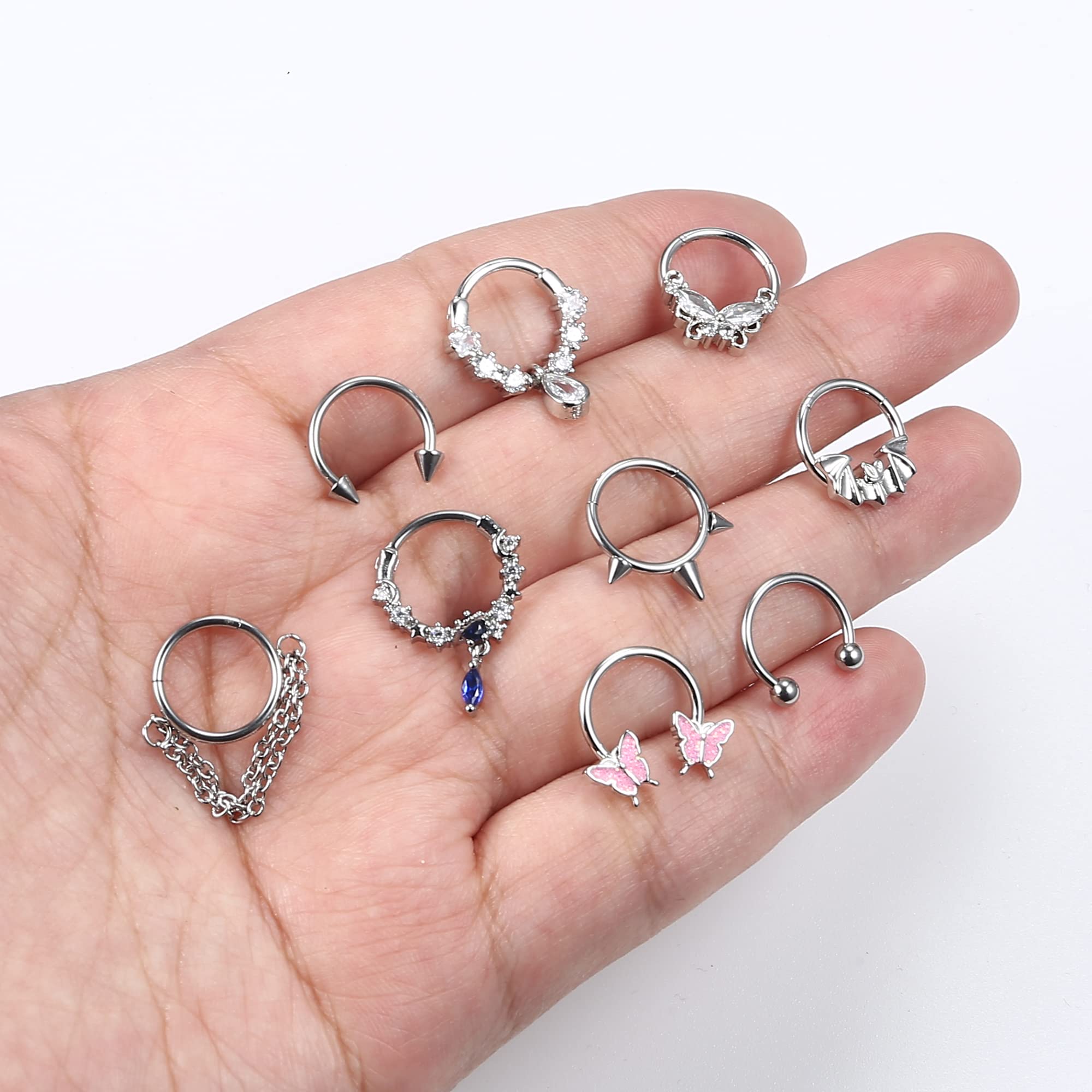 Sanfenly 9Pcs 16G Septum Rings for Women Men Stainless Steel Dangle Septum Jewelry Blue Planet Teardrop CZ Butterfly Bat Spiked Daith Earrings Hoop Nose Rings Cartilage Helix Septum Piercing Jewelry