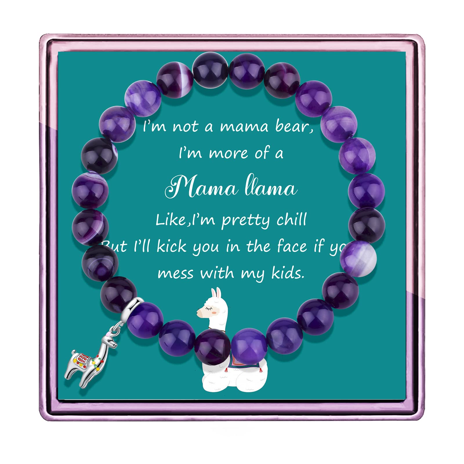 Llama Gifts for Women Mama LLama Bracelet,Purple Agate Beads Llama Charm,Llama Birthday Gift Alpaca Gifts for Llama Lovers (Purple Mama Llama)