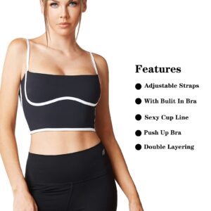 Move With You Sleeveless Spaghetti Strap Padded Sports Bra Tank Tops Square Neck Double Layer Workout Fitness Basic Crop Tops(Black,M1)