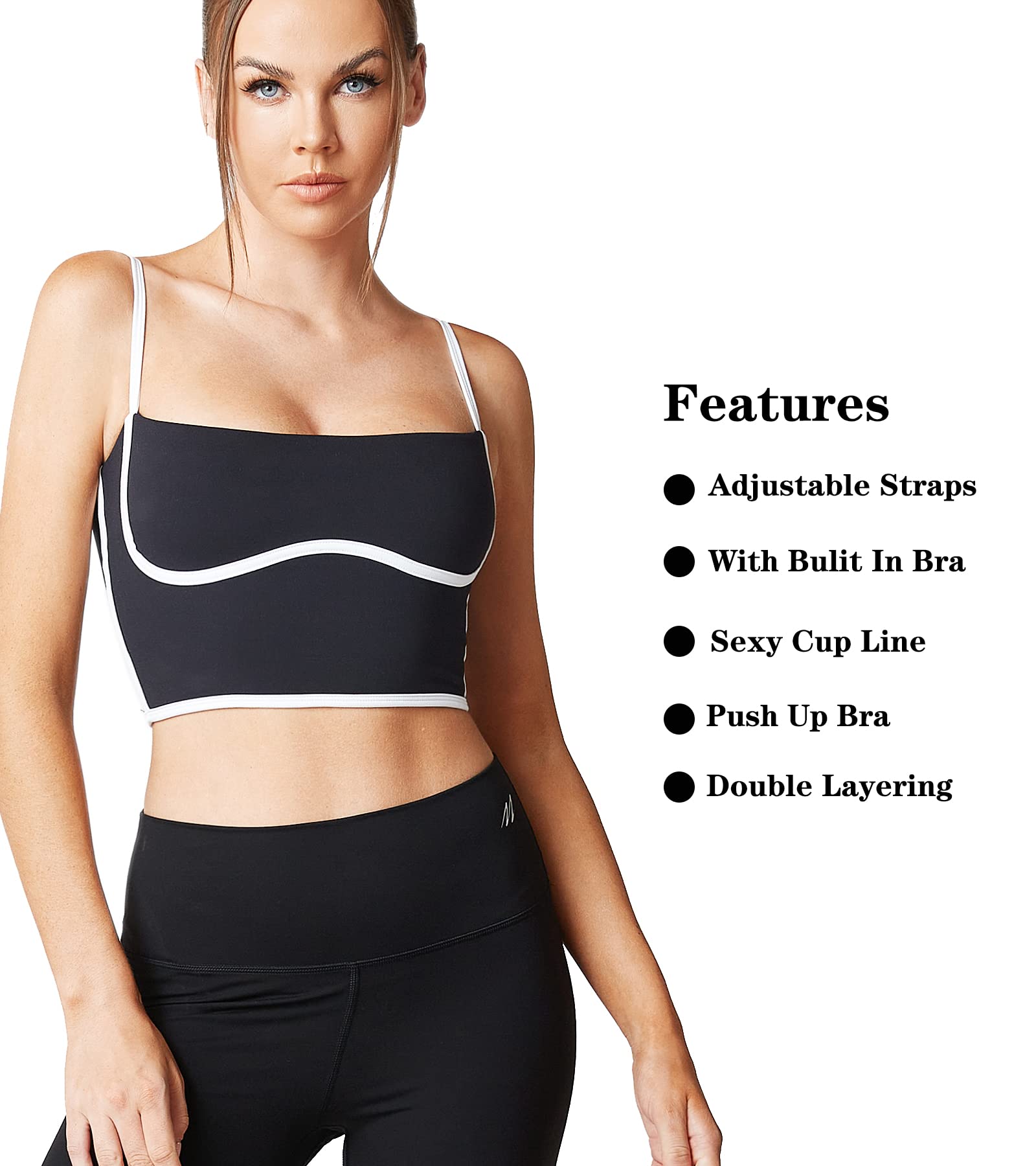 Move With You Sleeveless Spaghetti Strap Padded Sports Bra Tank Tops Square Neck Double Layer Workout Fitness Basic Crop Tops(Black,M1)