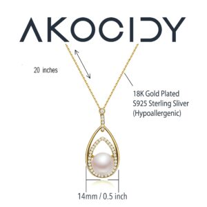 AKOCIDY Genuine Pearl Pendant Necklace 925 Sterling Silver Plated Yellow Gold Necklace (Gold Water Drop Type)