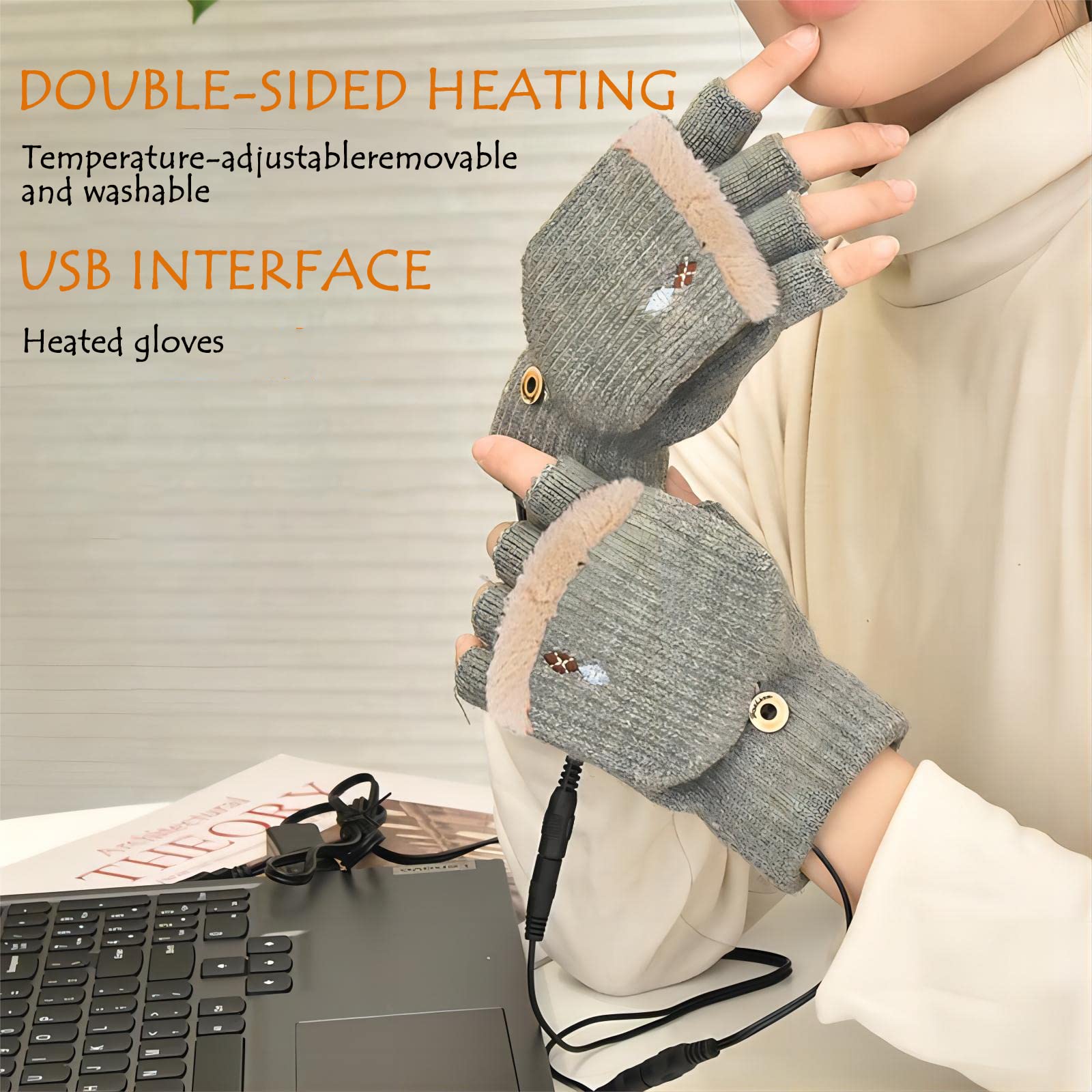 Heated Gloves for Women,Rechargeable Full & Half Hands Electric Gloves Heated Fingerless Touchscreen Gloves Heated Winter Hand Warmer（Grey）