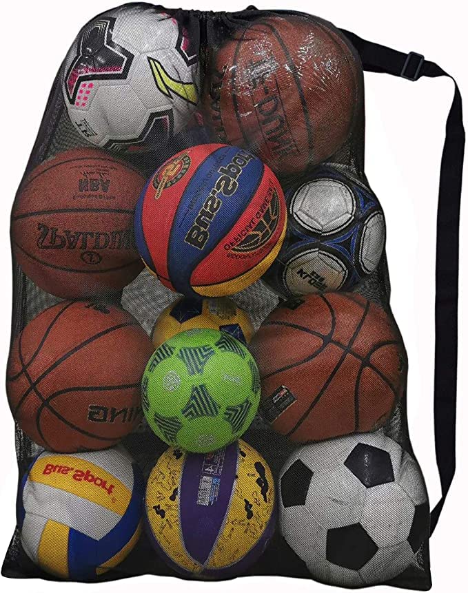 Heavy Duty Sports Ball Bag,Drawstring Mesh Ball Bags Extra Large Soccer Ball Bag Work for Coach, Basketball,Football, Volleyball,BaseBall and Swimming Gears with Adjustable Strap (Black)