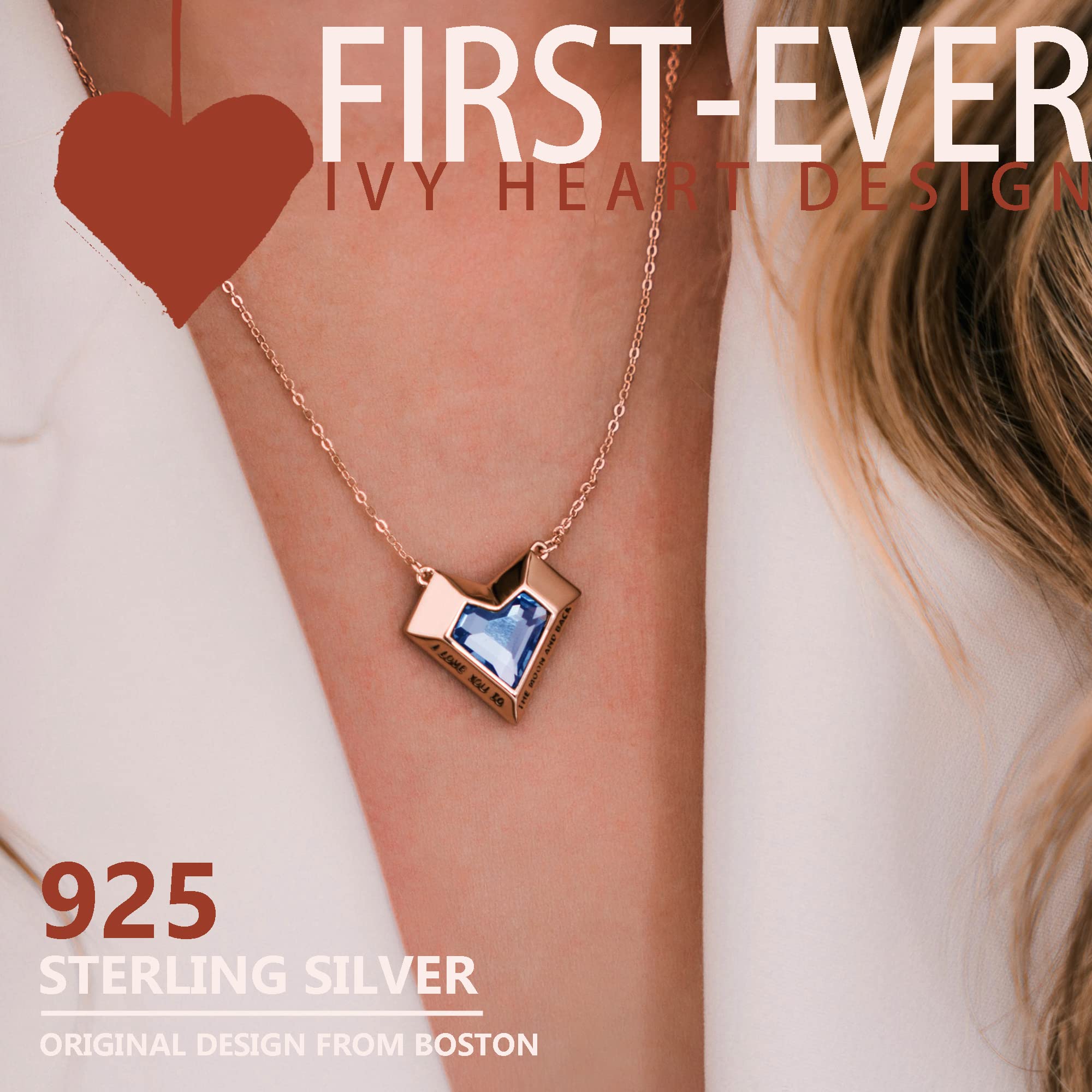 Leafael Ivy Heart Necklaces for Women, 925 Sterling Silver Chain, Aquamarine Blue March Birthstone Crystal Geometric Pendant, Rose Gold Plated, Jewelry Gifts for Her, I Love You to The Moon and Back