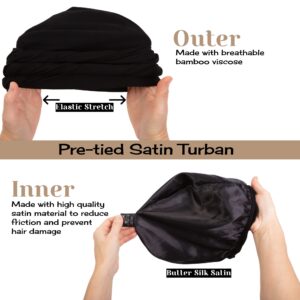 CAPLORD Silk Satin Lined Halo Turban Head Wrap Pre-Tied Skull Cap for Men and Women Sleeping Bonnet Hair Cover Chemo Hair Loss Hat Black