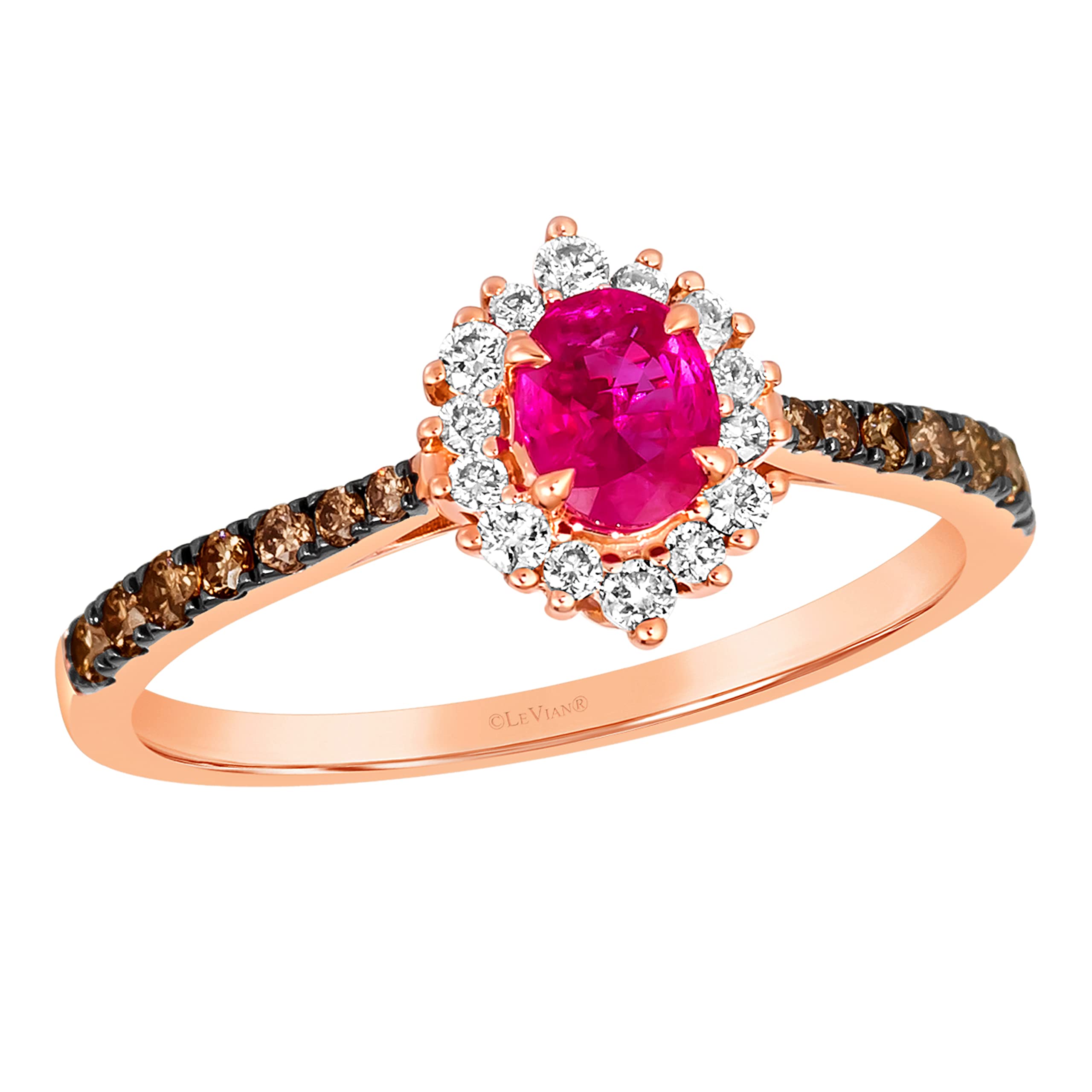 LE VIAN 1/3 Carat White and Chocolate Diamond with 2/5 Carat Red Ruby Oval Halo Ring for Women in 14k Rose Gold (Fancy Brown, cttw) Anniversary Promise Ring Size 8