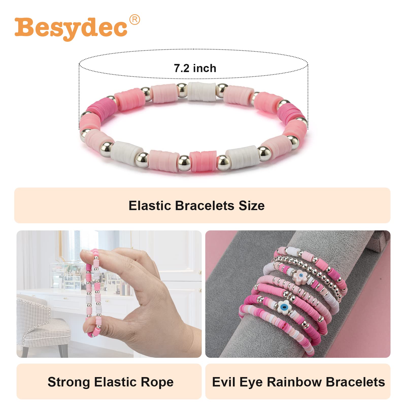 Besydec Preppy Sufer Heishi Beaded Bracelets,Clay beads Friendship Bracelet, Bohemian Stackable Stretch Bracelets For Women, Aesthetic Jewelry,Cute Beaded Bracelets for Women