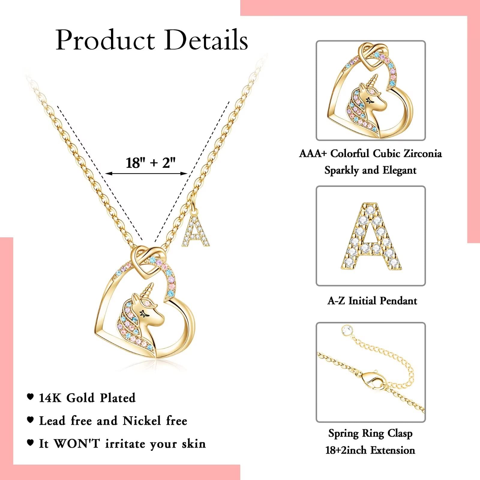 STORUP Gifts for Women Necklace, 14K Gold Plated Heart Unicorn Necklace Women Jewelry Initial Necklace Unicorn Necklaces for Women