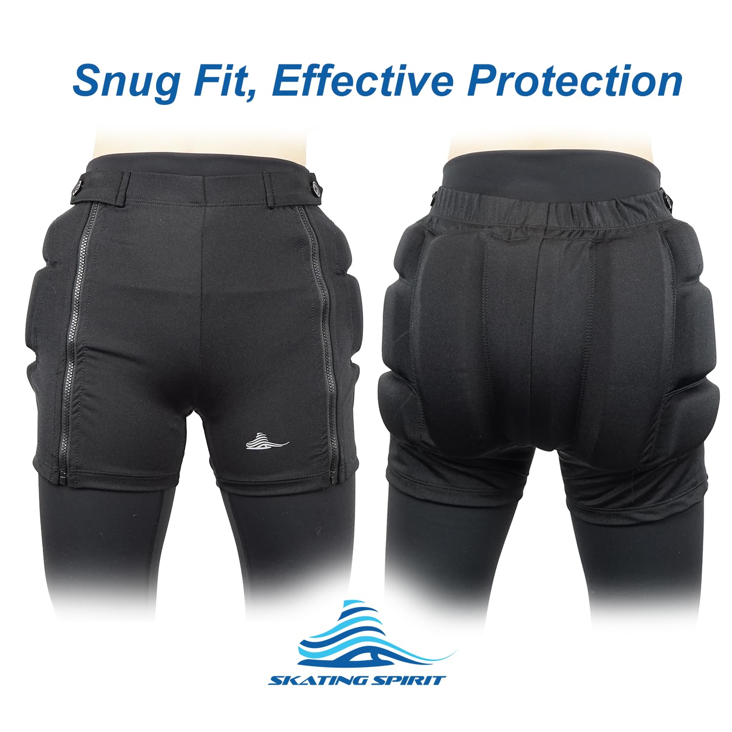 Skating Spirit Zip-on Zip-Off Padded Shorts Protective Crash Pants Tailbone Hip Butt Pad for Skating Skateboarding Skiing (XX-Large) Black