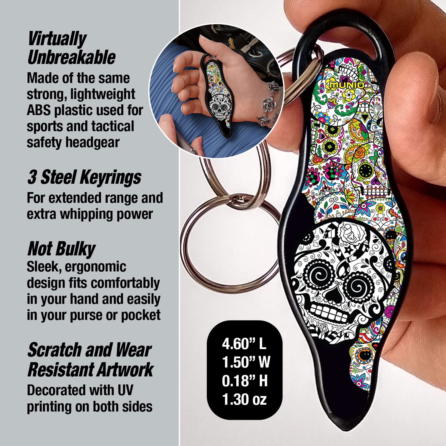 MUNIO Original Self Defense Keychain Kit - Self Protection Personal Safety Essentials, Portable Defense Kubotan, Legal for Airplane Carry - TSA Approved - Made in USA (Sugar Skulls)