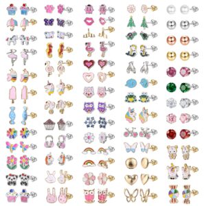 besteel 63 pairs cute stud earrings for women sensitive ears studs set with stainless steel post candy flower heart animal earrings in vivid colors and multi-styles