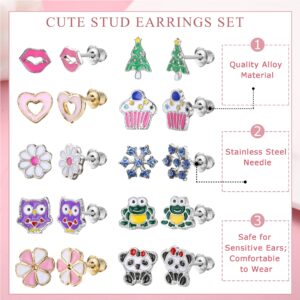 BESTEEL 63 Pairs Cute Stud Earrings for Women Sensitive Ears Studs Set With Stainless Steel Post Candy Flower Heart Animal Earrings in Vivid Colors and Multi-styles