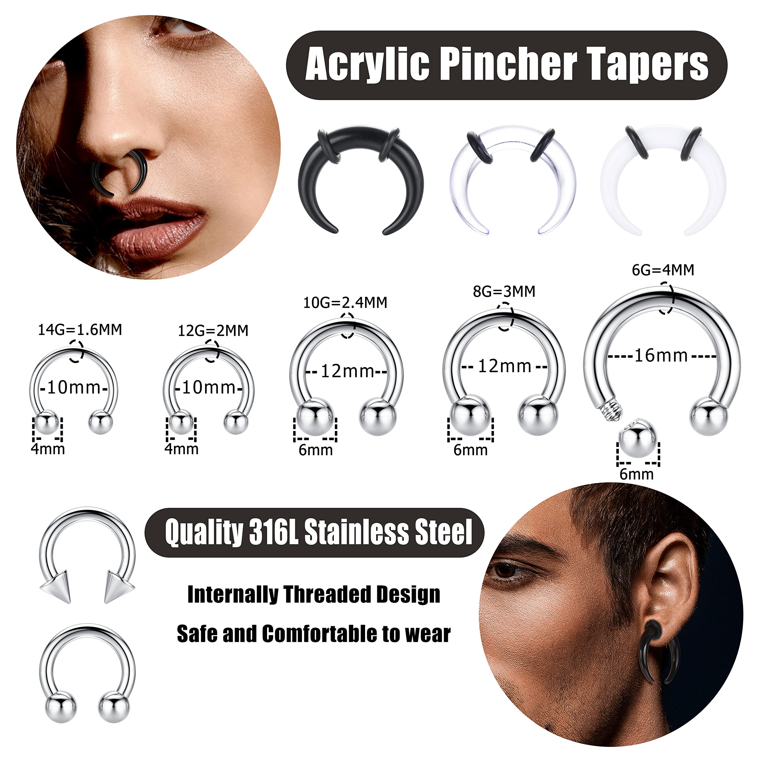 Sanfenly 25Pcs 14G-6G Septum Pincher Tapers Horseshoe Septum Rings Acrylic& 316L Stainless Steel Internally Threaded Spike Ball Circular Barbell Ear Nose Septum Stretching Kit for Women Men