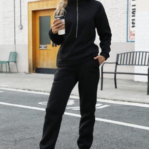 Kissonic Womens Two Piece Outfits Tracksuit Sets Half Zipper Fleece Joggers 2 Piece Long Sleeve Sweatshirts Jogger Pant(Black-L)