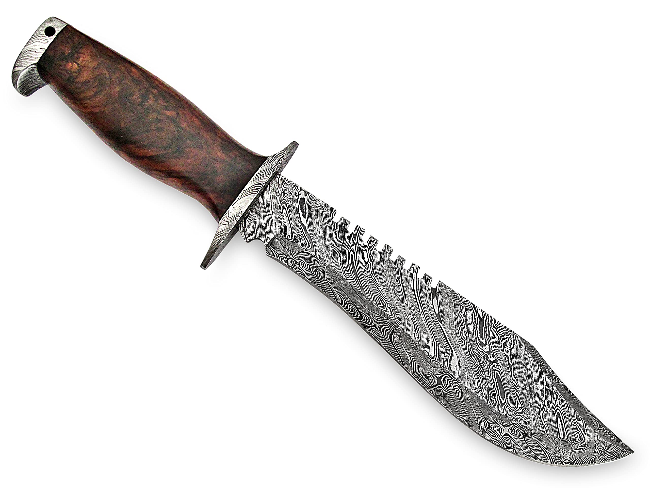 SFG - 13" Fixed Blade Hunting Bowie Knife, Damascus Steel Blade, Non-Slip Walnut Wood Handle, Lanyard Hole, Hunting, Camping, Backpacking, Fishing, Unique Gift Item For Him