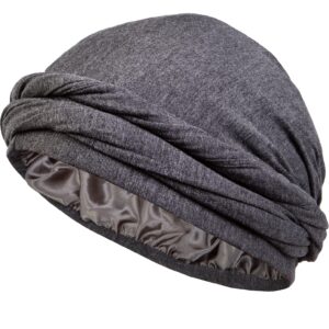 CAPLORD Silk Satin Lined Halo Turban Head Wrap Pre-Tied Skull Wave Cap for Men and Women Sleeping Bonnet Hair Cover Chemo Hair Loss Hat Head Cover Durag Dark Gray