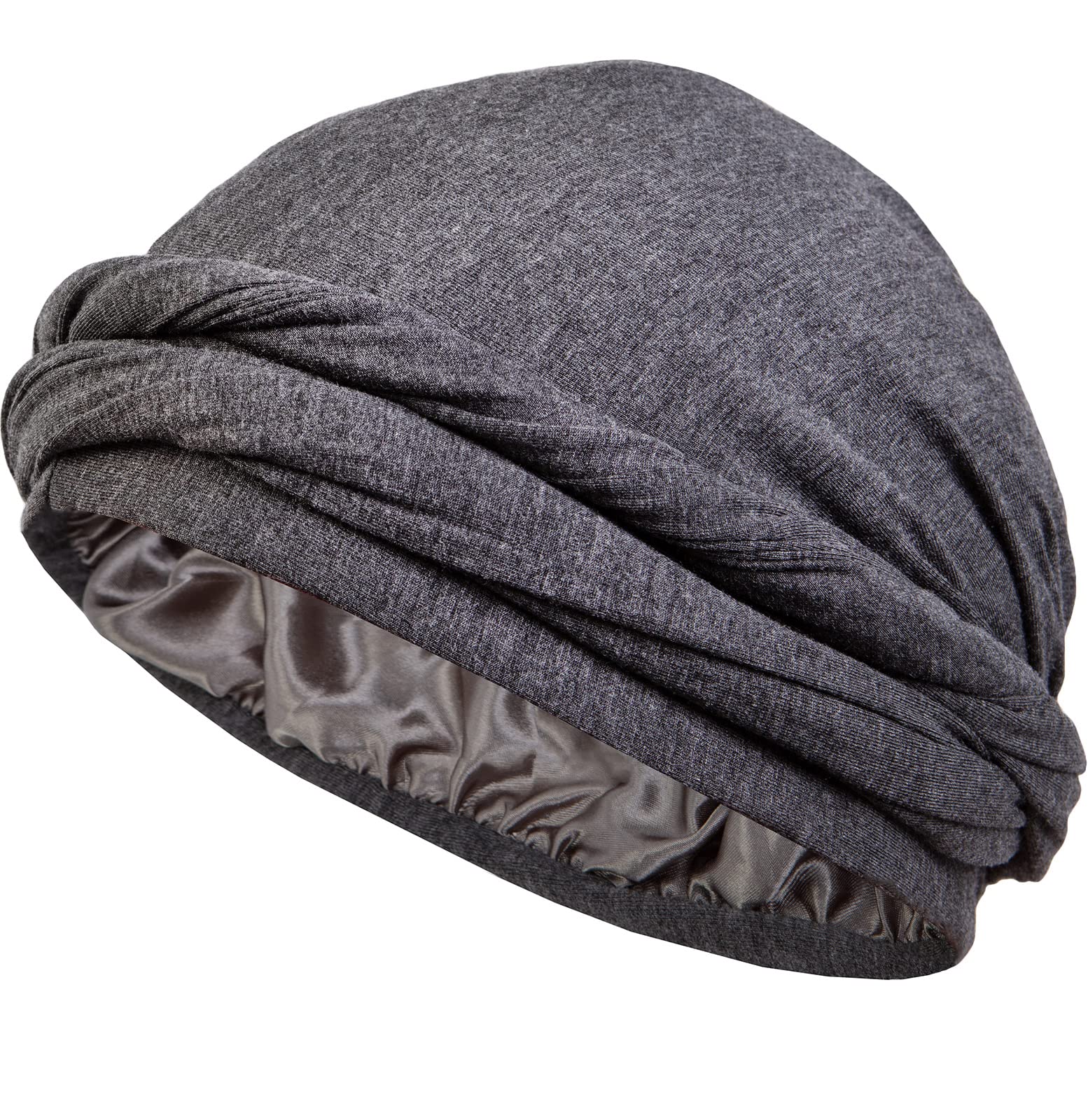 CAPLORD Silk Satin Lined Halo Turban Head Wrap Pre-Tied Skull Wave Cap for Men and Women Sleeping Bonnet Hair Cover Chemo Hair Loss Hat Head Cover Durag Dark Gray