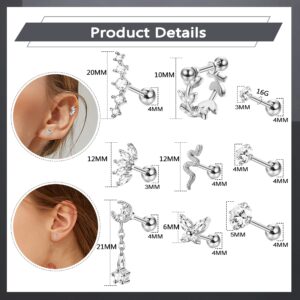 THUNARAZ 20Pcs 16G Cartilage Earring Stainless Steel Earrings for Women Snake Butterfly Screw Back Earrings Helix Conch Piercing Jewelry Silver Tone