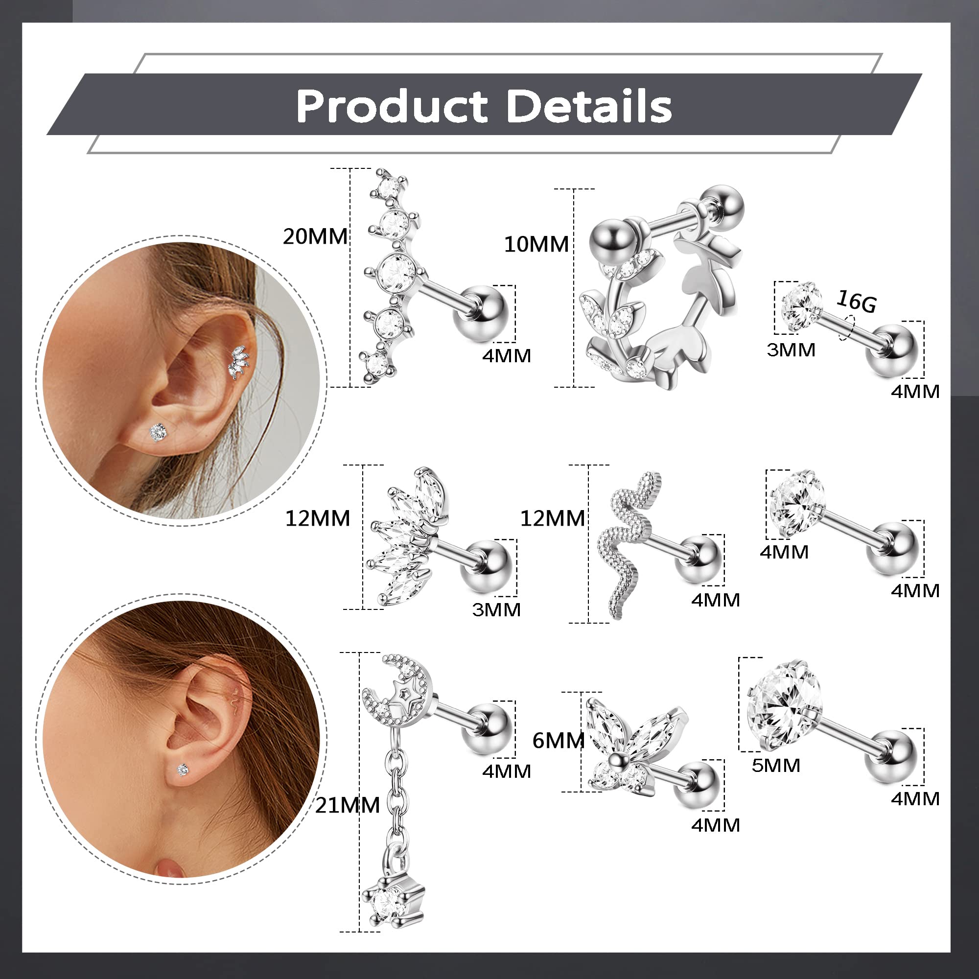 THUNARAZ 20Pcs 16G Cartilage Earring Stainless Steel Earrings for Women Snake Butterfly Screw Back Earrings Helix Conch Piercing Jewelry Silver Tone