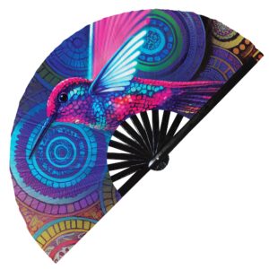 hummingbird neon hand fan foldable bamboo circuit rave hand fans rainbow galaxy party gear gifts music festival rave accessories (style 6)